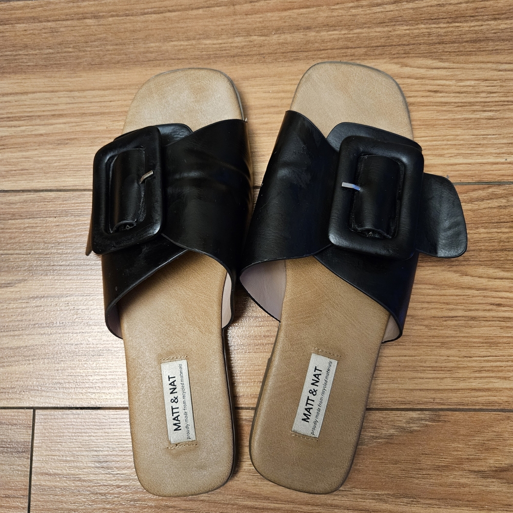 Matt & Nat Black Leather Buckle Slide Mules